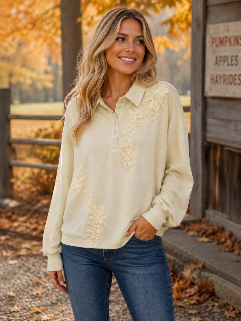 LOGO LAVISH Lng Slve Collar 1/4 Button-Up Rutabaga w/Embroidery Sweatshirt S